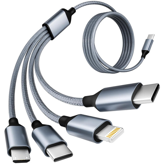 USB C Multi Charging Cable [1Pack 5FT], 4 in 1 Charging Cable Nylon Braided USB-C Multiple Charger Cord with Micro USB,IP Port and 2 Type C Adapter Port for iPhone 17/16 Series/Cell Phones and More