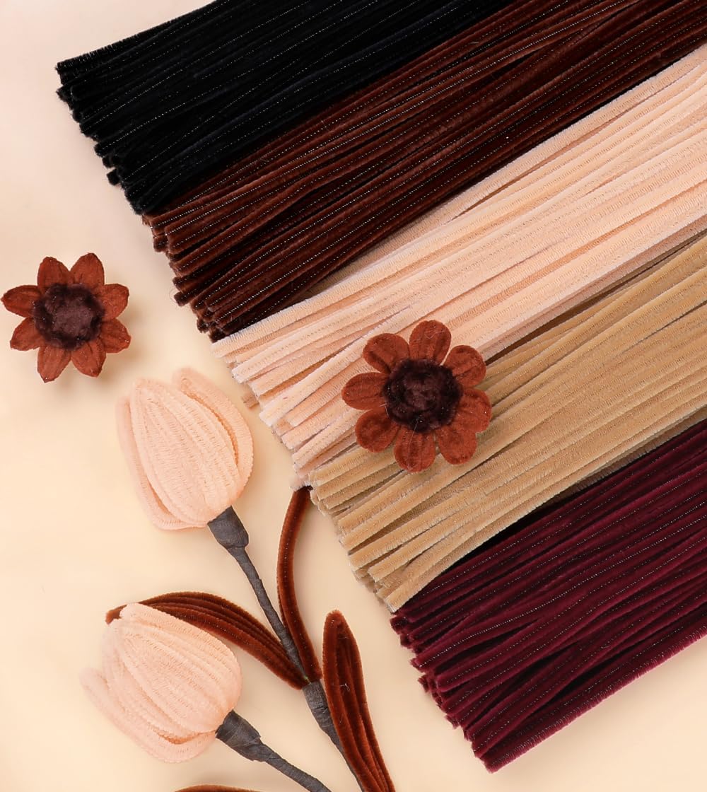 IOOLEEM Brown Pipe Cleaners,200pcs in 5 Colors, Chenille Stems for Art and Craft Projects, Flower DIY Decorations