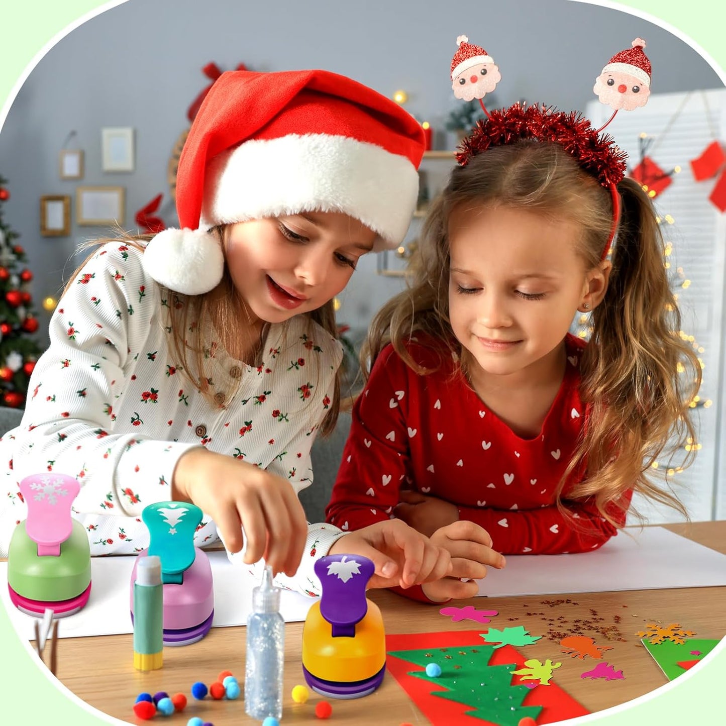 CHENGU 16 Pcs Craft Holes Punch Paper Punchers Scrapbook Punches with Craft Sticker Paper, Round, Star, Square, Heart, Flower, Wave Circle Shape (1 Inch,Christmas)