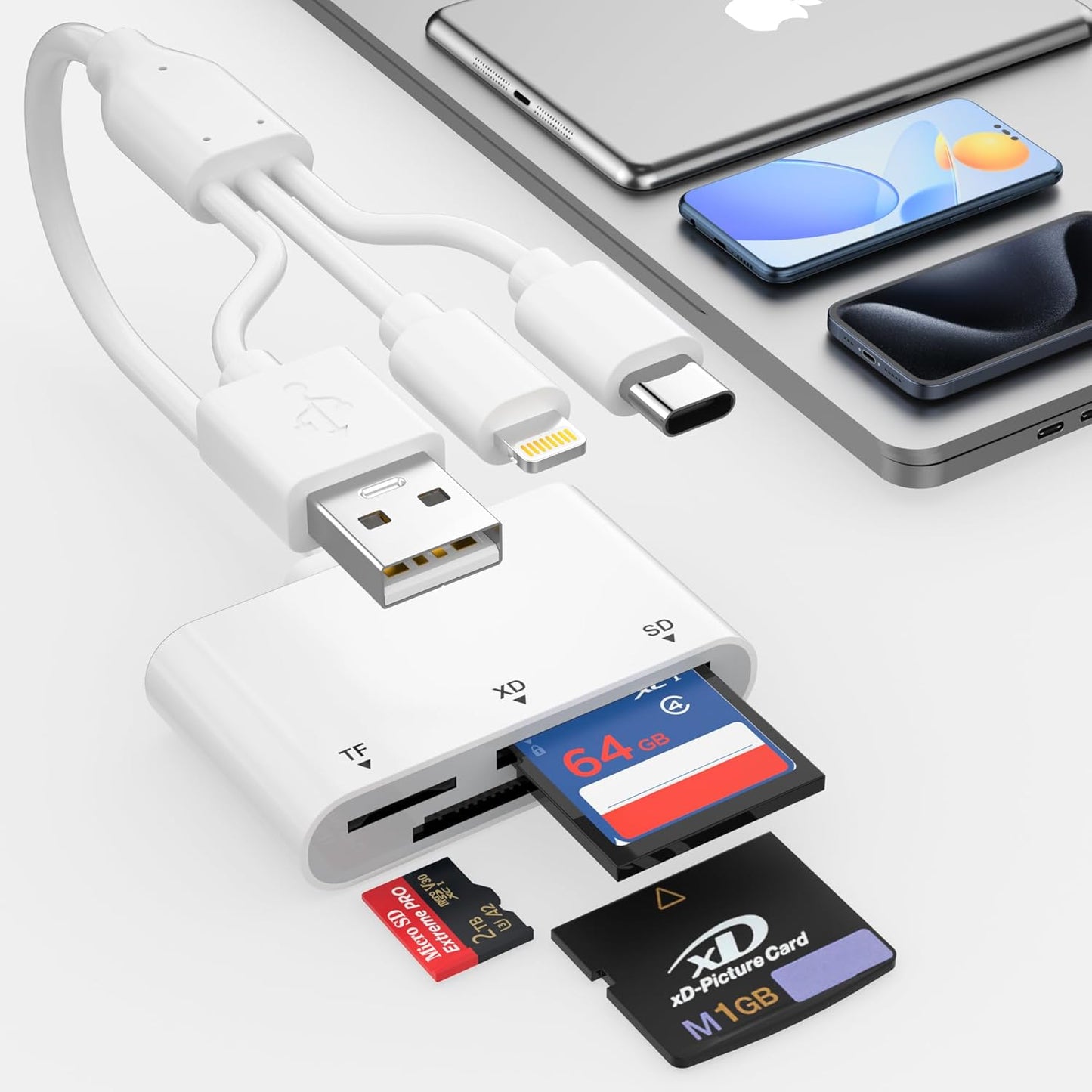 XD Card Reader, SD Card Reader for iPhone with USB-C&Lightning, 3 in 1 SD/MicroSD/xD-Picture Card Adapter, Lightning+USB A+USB C XD Card Adapter for iPhone 16/15/14/13/iPad/PC/Android