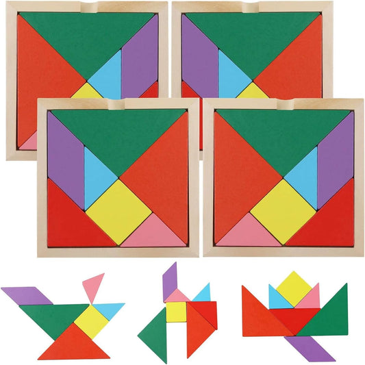 3 otters Wooden Tangram Puzzles for Kids, Educational Shape Puzzle Toys, STEM Montessori Brain Logic Blocks, 4 Pack