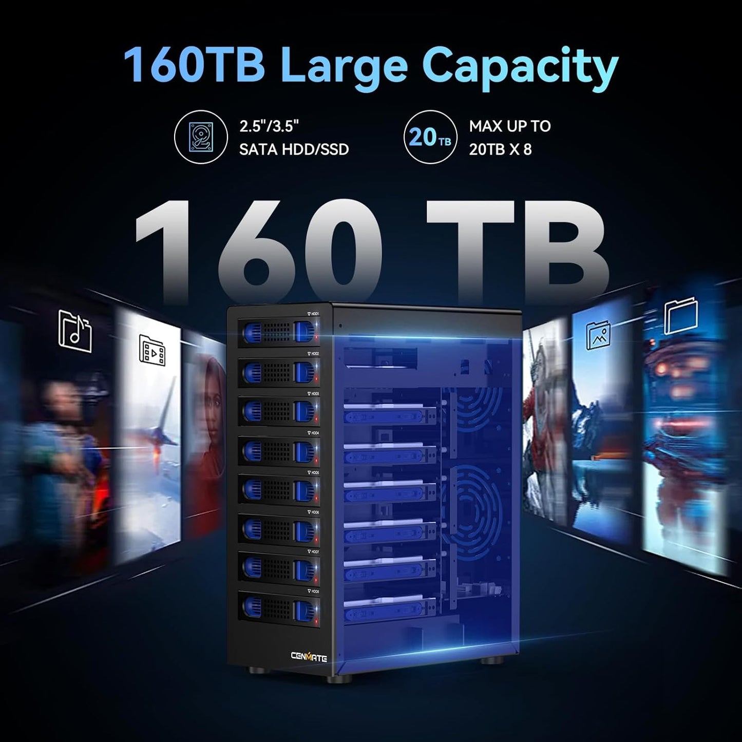 8 Bay Hard Drive RAID Enclosure with Cooling Fan for 2.5/3.5" SATA HDD/SSD with USB A/C 3.0＋eSATA Cable, 3.5 Hard Drive Enclosure Supports 160TB Capacity, 8 RAID Modes, DAS(NO NAS)