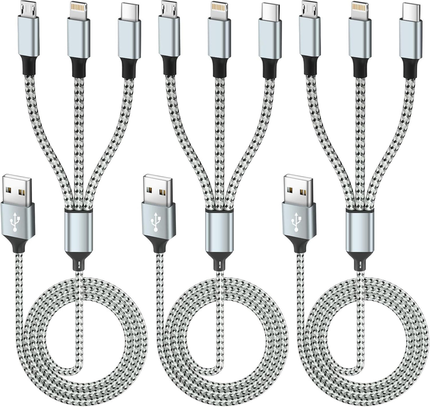 Multi Charging Cable(3Pack 4FT), 3 in 1 Charging Cable for Multiple Devices, Multi Phone Charger Cord with Type-C, Micro USB and IP Port for iPhone 16/15/14/13/iPad/Android/Tablets and More