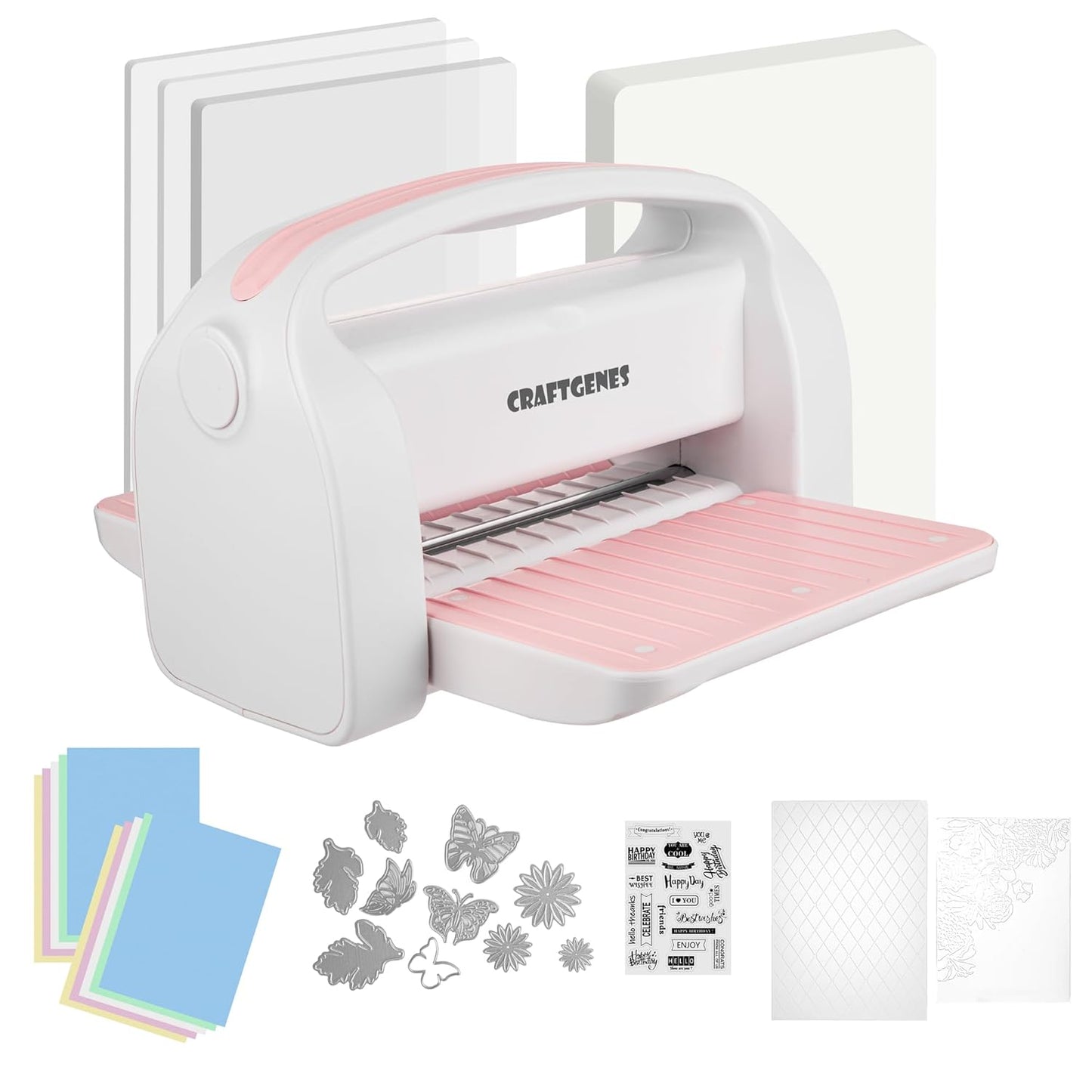 Manual Die Cutting Machine and Embossing Machine, 9'' Opening Size for Cardmaking, Scrapbooking, and DIY Crafts – Foldable Complete Set with A4 Die Cuts, Embossing Folders, and Plates(Pink)