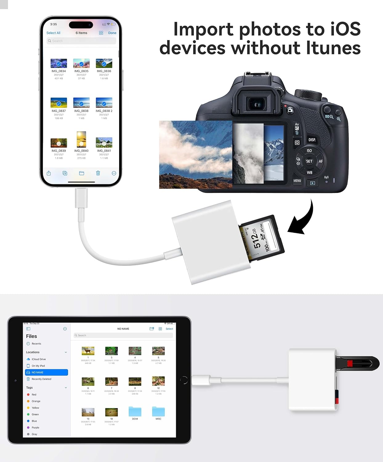 SD Card Reader for iPhone iPad Built-in Lightening & USB-C Dual Connectors Card Adapter with SD MicroSD USB-A 3 Slots Trail Camera Memory Card Viewer, Portable No App Required Plug and Play