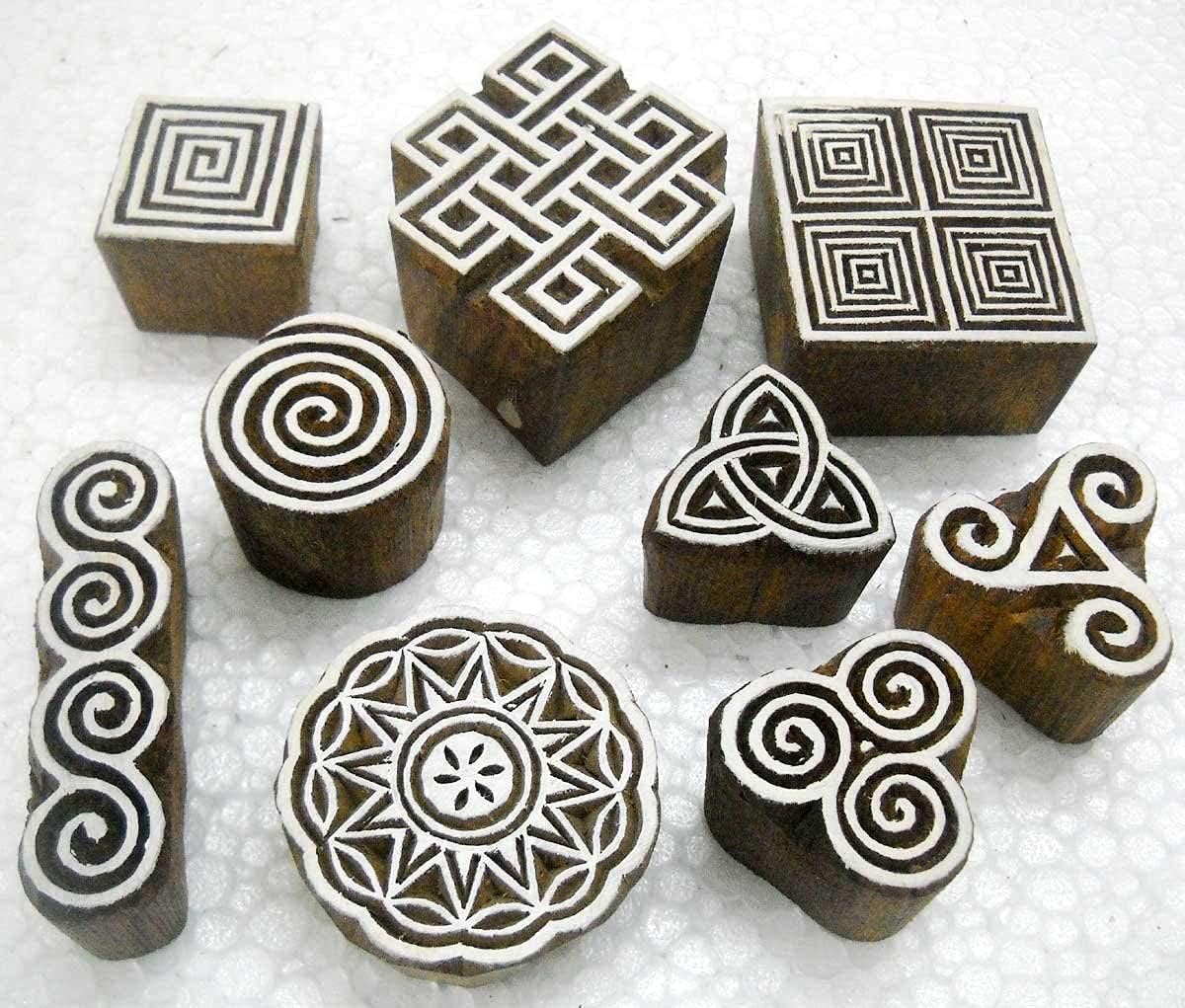 CRAFTSOFINDIA I Set of 9 I Premium Hand-Carved Wooden Block Stamps for Textile, Paper, Clay, Tattoo - Enhanced Print Impressions