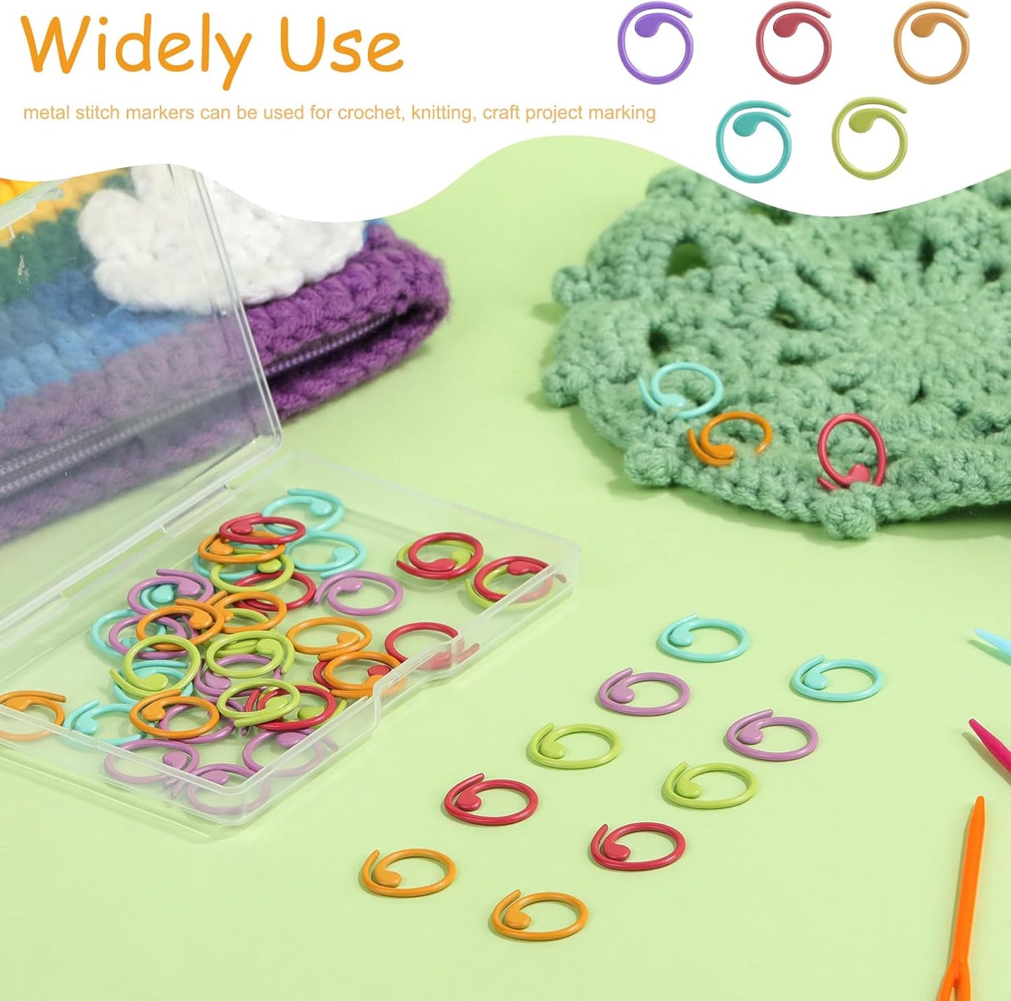 Lokunn 50 Pcs Metal Stitch Markers, 5 Color Helical-Shaped Crochet Markers Ring, 9 Pcs Large Eye Blunt Sewing Needles with Storage Box for DIY and Craft Sewing