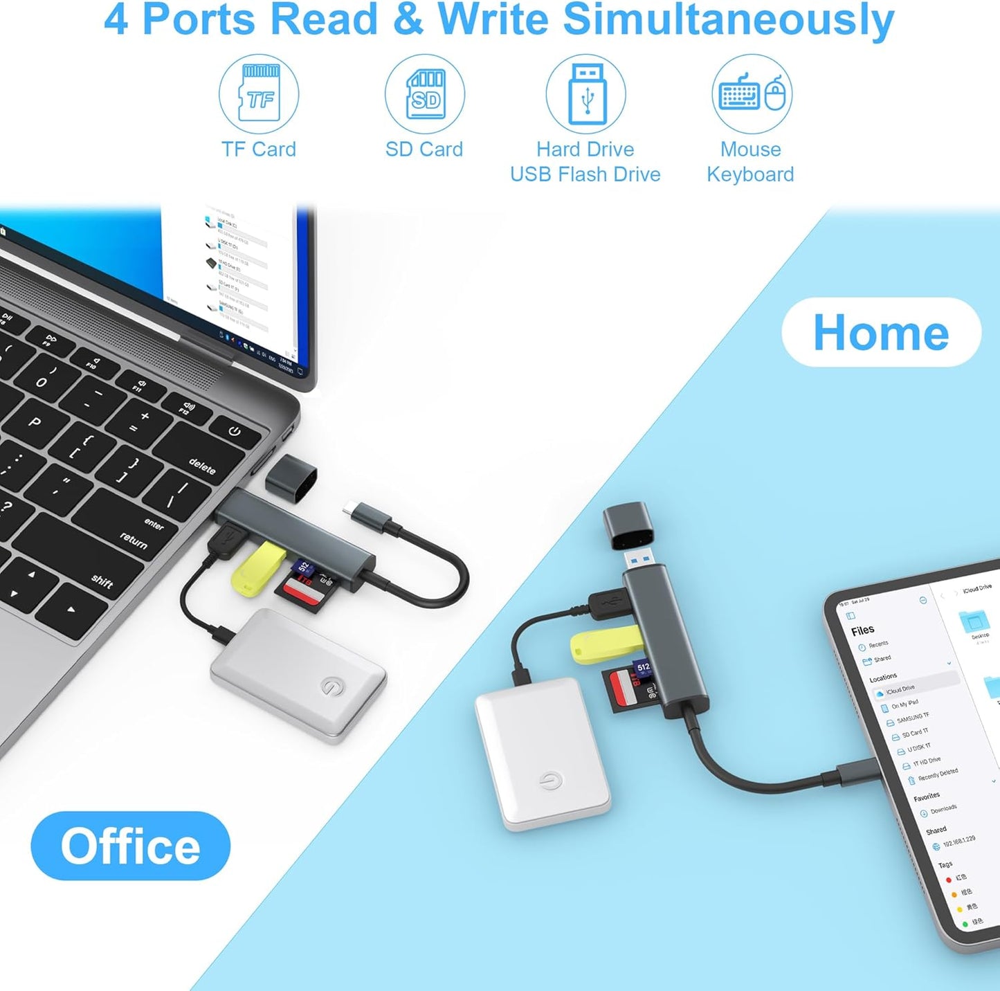 USB 3.0 SD Card Reader with Dual USB Ports, USB C SD Card Reader for iPhone 15/iPad/Mac 4 Ports Read and Write Simultaneously Memory Card Adapter for MacBook Pro/Air iMac Android S23 S22