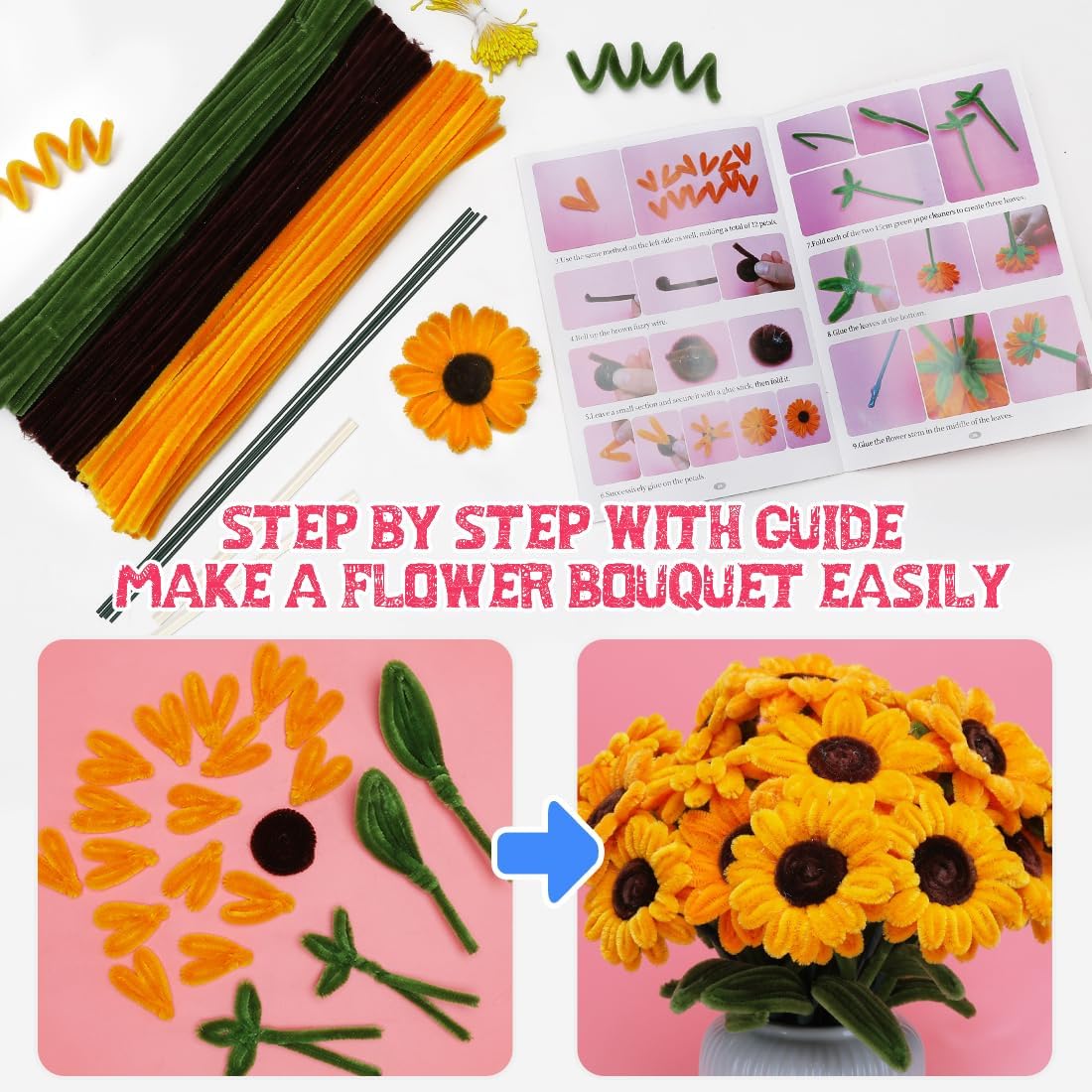 IOOLEEM Pipe Cleaners, 480pcs Yellow Sunflowers, Flower Making Kit, Arts and Craft Supplies, Ideas for Art Project Activity.