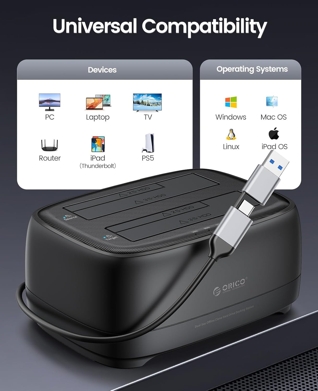 ORICO USB Type C to SATA 2 Bay Hard Drive Docking Station Duplicator/Cloner Function for 2.5 or 3.5 in HDD SSD with 2 in 1 USB C to A/C Cable (DD28C3-C)