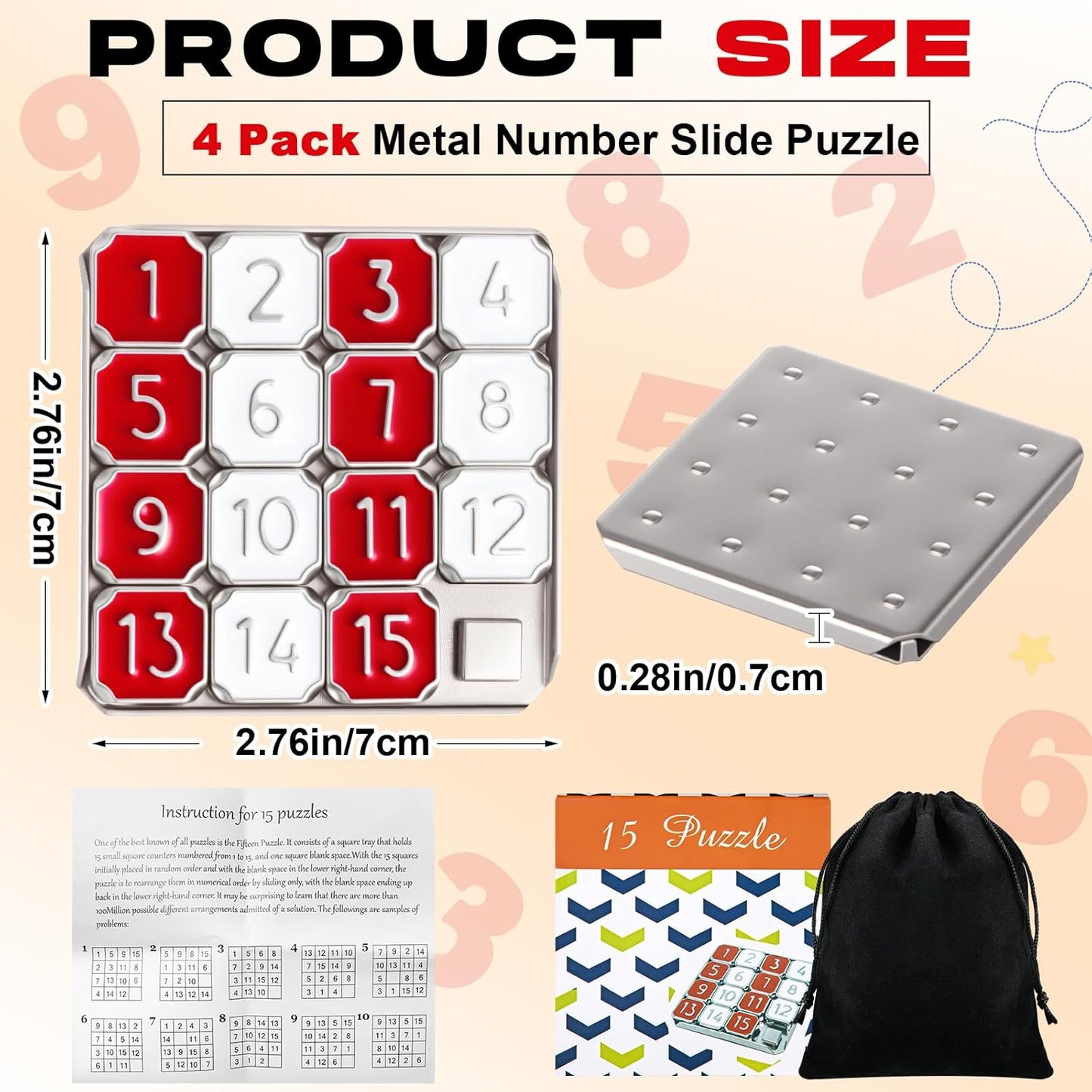 Metal Number Slide 15 Puzzle Red and White Number Sliding Puzzle Educational Pocket Funny IQ Game for Teens and Adults, Ideal for Learning Tool Party Favors (Red and White,2 Pack)