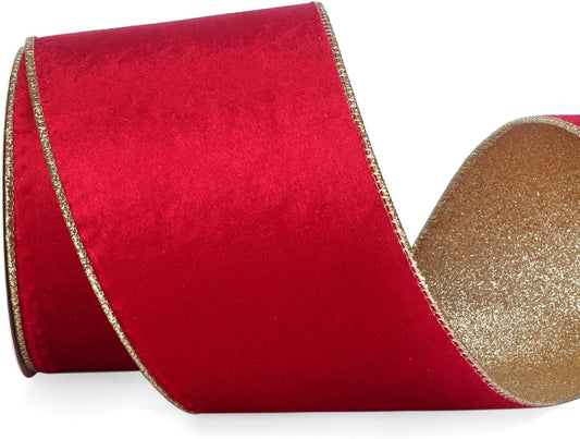 Ribbli Red Velvet Wired Ribbon 4 Inch Red Velvet with Gold Glitter Christmas Ribbon for Christmas Tree Decoration Big Bow Gift Wrapping Crafts Wreaths Supplies- 10 Yards