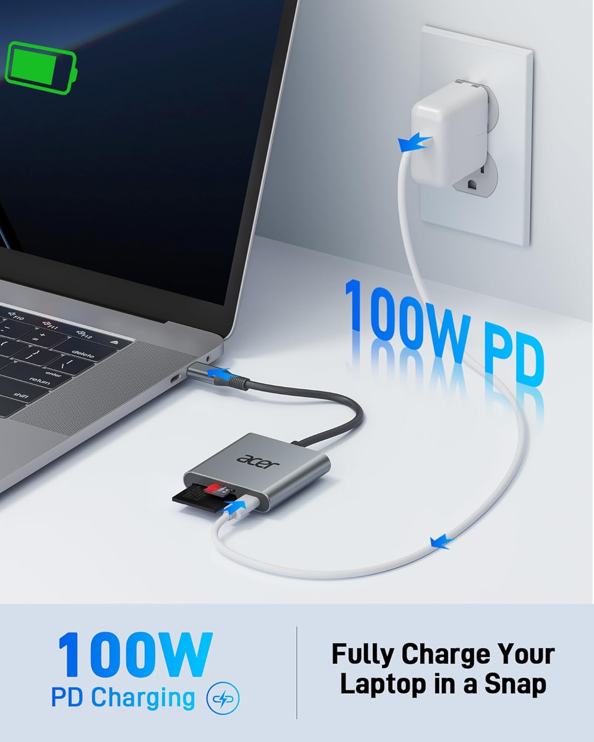 Acer SD 4.0 Card Reader, UHS-II Micro SD Reader USB C, Dual Slot Type C Memory Card Adapter with 100W PD Port for MicroSD SDXC SDHC UHS-II & UHS-I for iPhone 15/16, Laptop, MacBook(Grey)