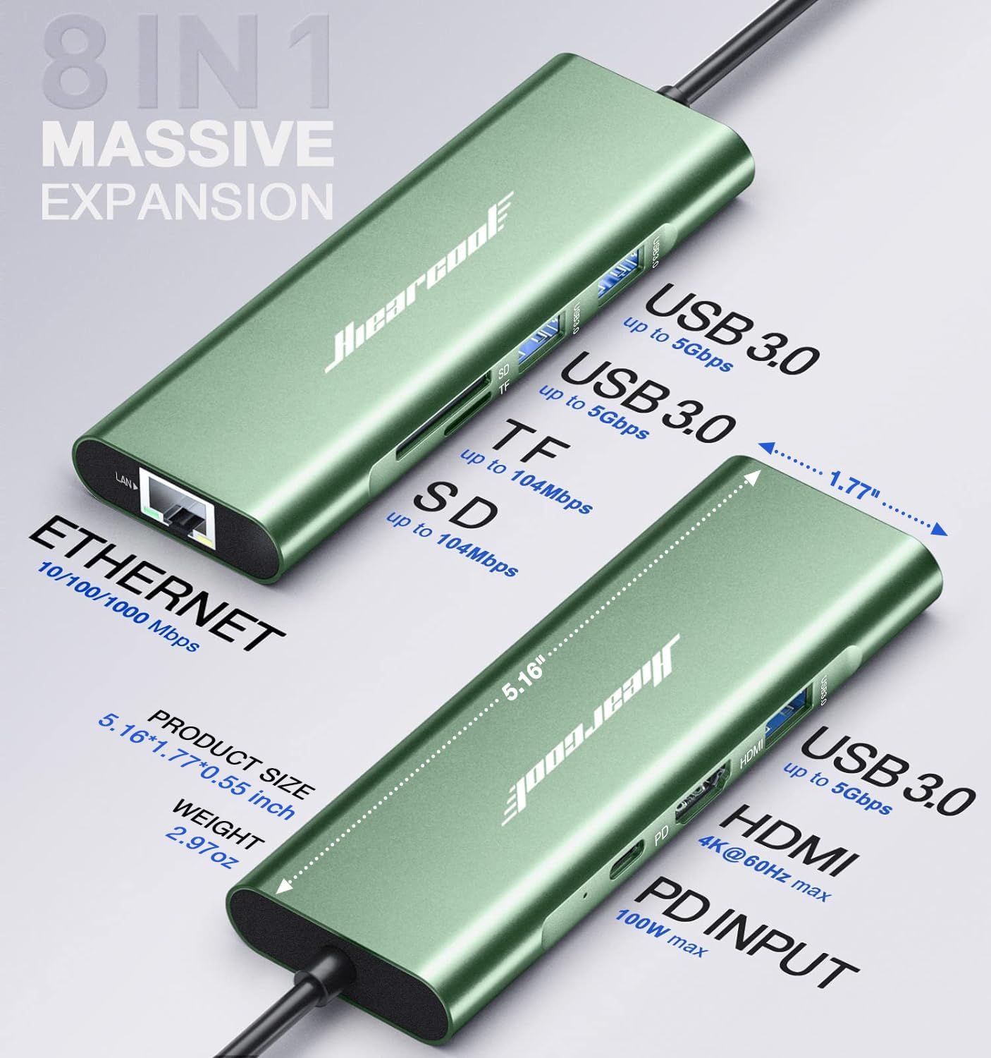 Hiearcool USB C Hub, 8 in 1 USB C Hub Multi-Port Adapter with Gigabit Ethernet, USB C to 4K@60Hz HDMI Dock Dongle for MacBook Pro Air M1 M2 and Type C Laptops-Green