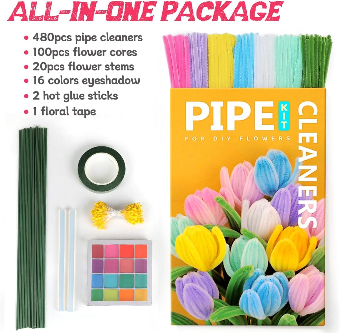 IOOLEEM Pipe Cleaners, 480pcs Multi-Colored, Flower Making Kit, Arts and Craft Supplies, Ideas for Art Project Activity.