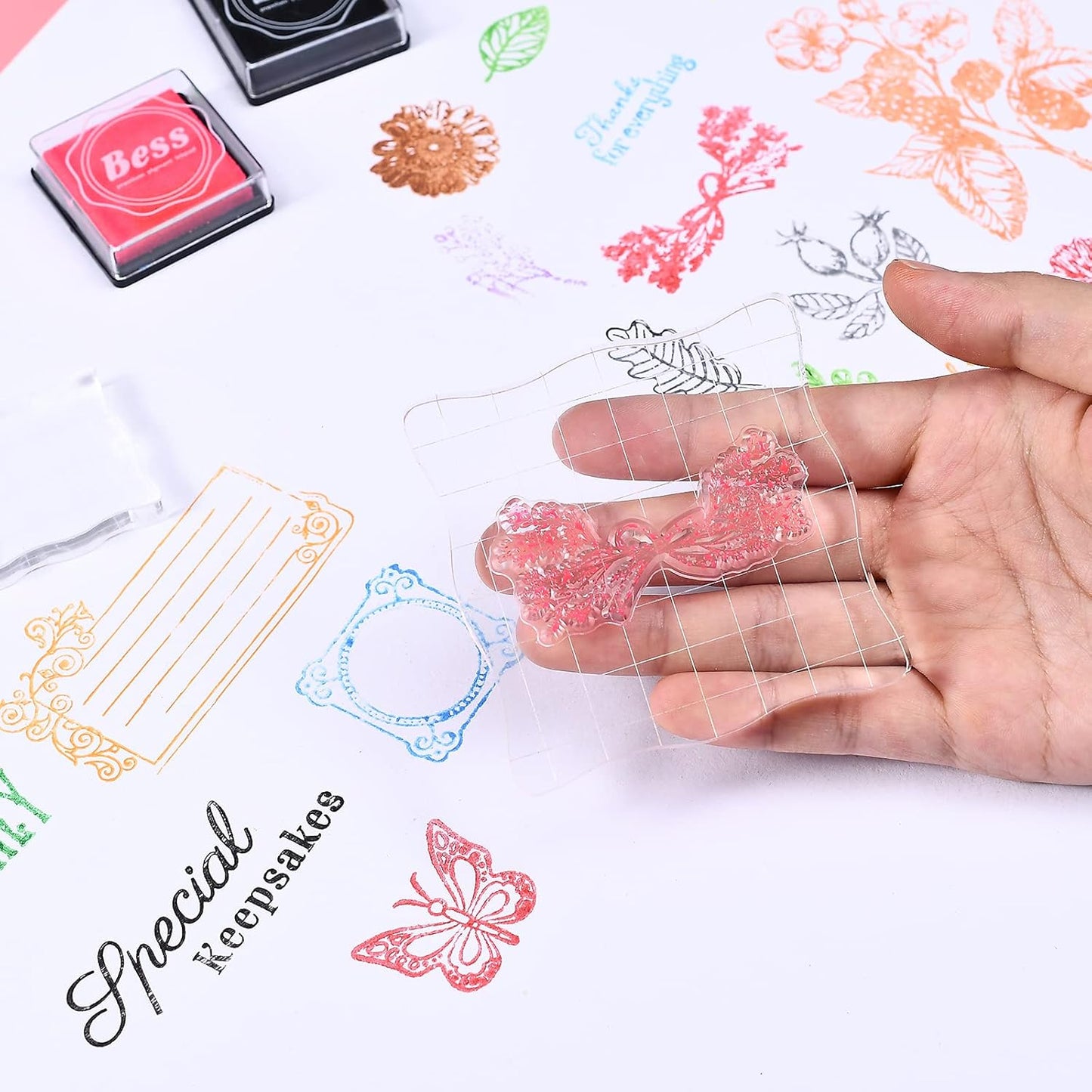 7 Pieces Clear Stamp Blocks, driew Clear Acrylic Stamping Blocks Tools Set with Grid and Grip Decorative Stamp Blocks for Scrapbooking Crafts, Cards, Schedule Book