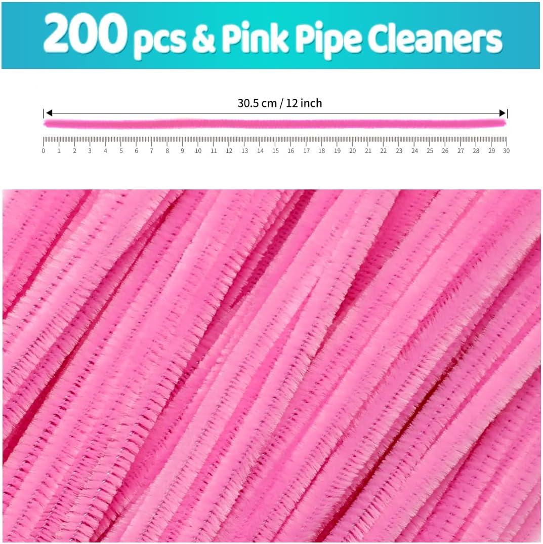 Iooleem 200pcs Pink Pipe Cleaners, Chenille Stems, Pipe Cleaners for Crafts, Pipe Cleaner Crafts, Art and Craft Supplies.