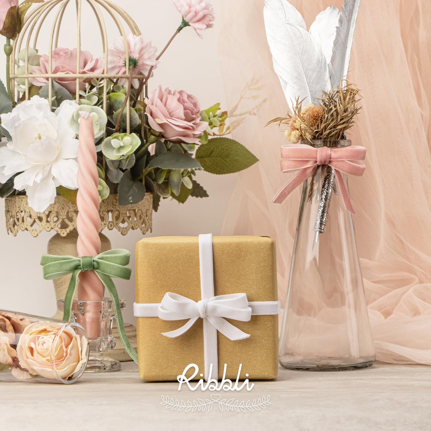 Ribbli Sage Green Velvet Ribbon 3/8 Inches Continuous10 Yard Spool Green Christmas Ribbon for Gift Wrapping Crafts Home Decor