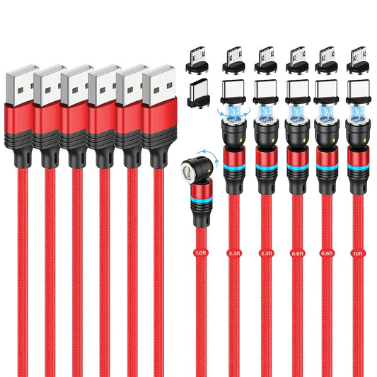 Magnetic Charging Cable (6-Pack,1.6+3.3+3.3+6.6+6.6+10ft) 540° Rotation Magnet Phone Charger USB C Cable 3A Fast Charging Magnetic Charger Cable with LED Light for Micro USB Type C Device