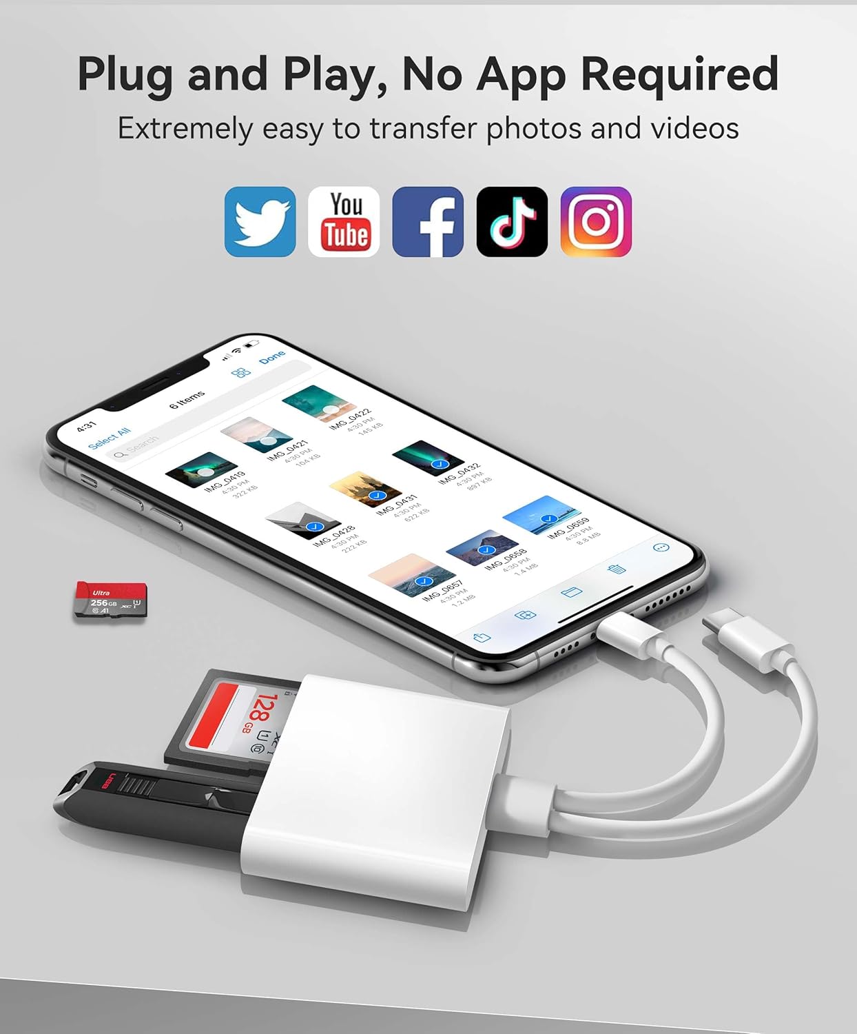 SD Card Reader for iPhone iPad Built-in Dual Cords (Lightening, USB-C) Card Reader with SD MicroSD USB-A 3 Slots Trail Camera Memory Card Viewer Portable No App Required Plug and Play - White