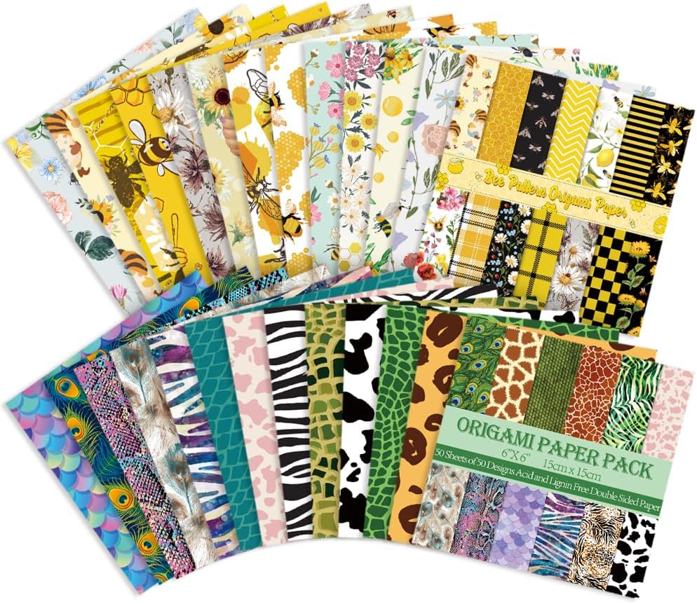 Origami Paper Kit Dobule Sided 100 Sheets 100 Colors 6 Inch Japanese Chiyo Square Easy Fold Arts Crafts DIY Handwork Origami Papers Beginner Animal Fur Bee