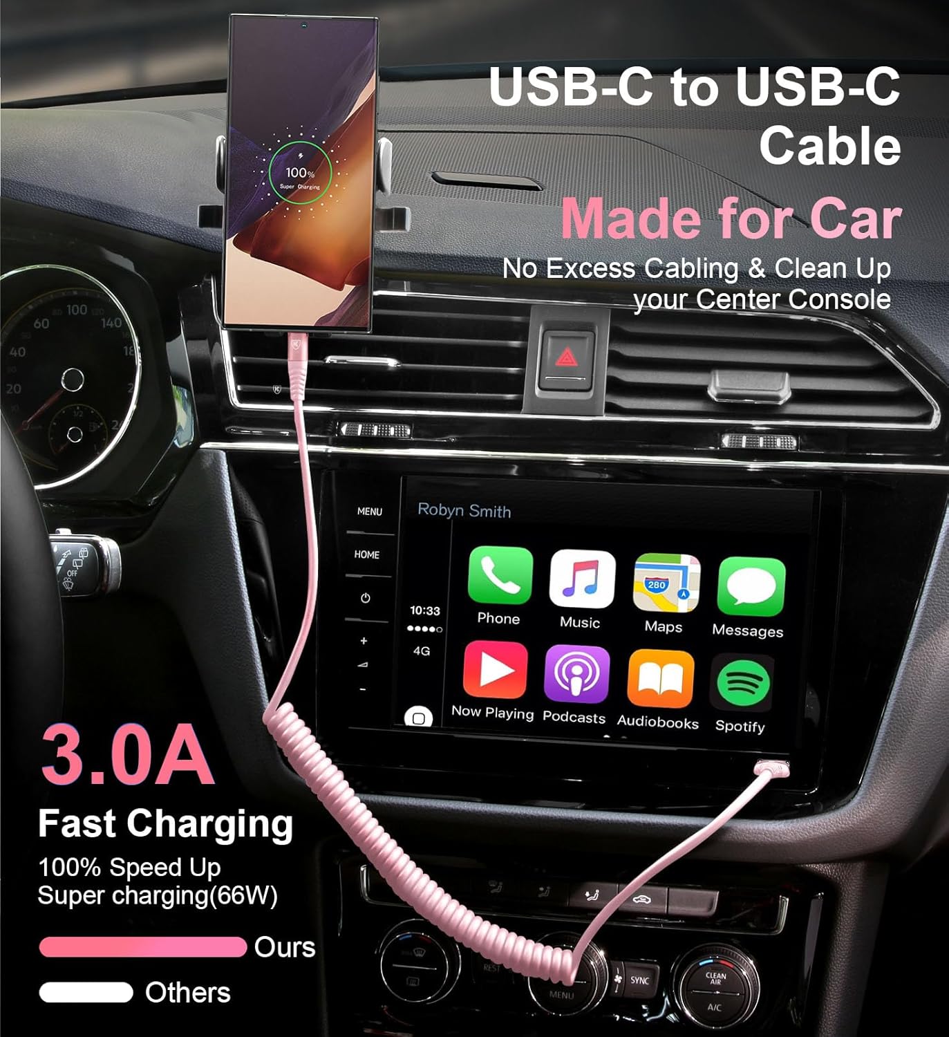 USB C to C Cable 3FT for Car, Coiled USB C Fast Charging Cable for iPhone 17/16/15, 2Pack Type C Cord for iPhone 15/Plus/Pro/Pro Max/Samsung Galaxy S23-Pink