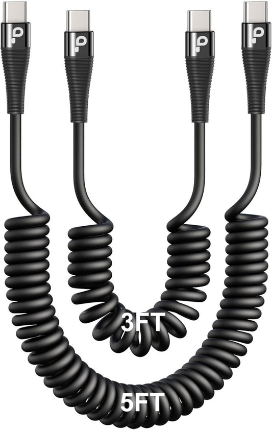 USB C to C Cable for Car 3FT&5FT, Coiled USB C Fast Charging Cable for iPhone 16 Short USB Type C Cable for iPhone 17/16/15/Pro Max/Plus/Samsung Galaxy S23, Compatible All Type C Devices-Black