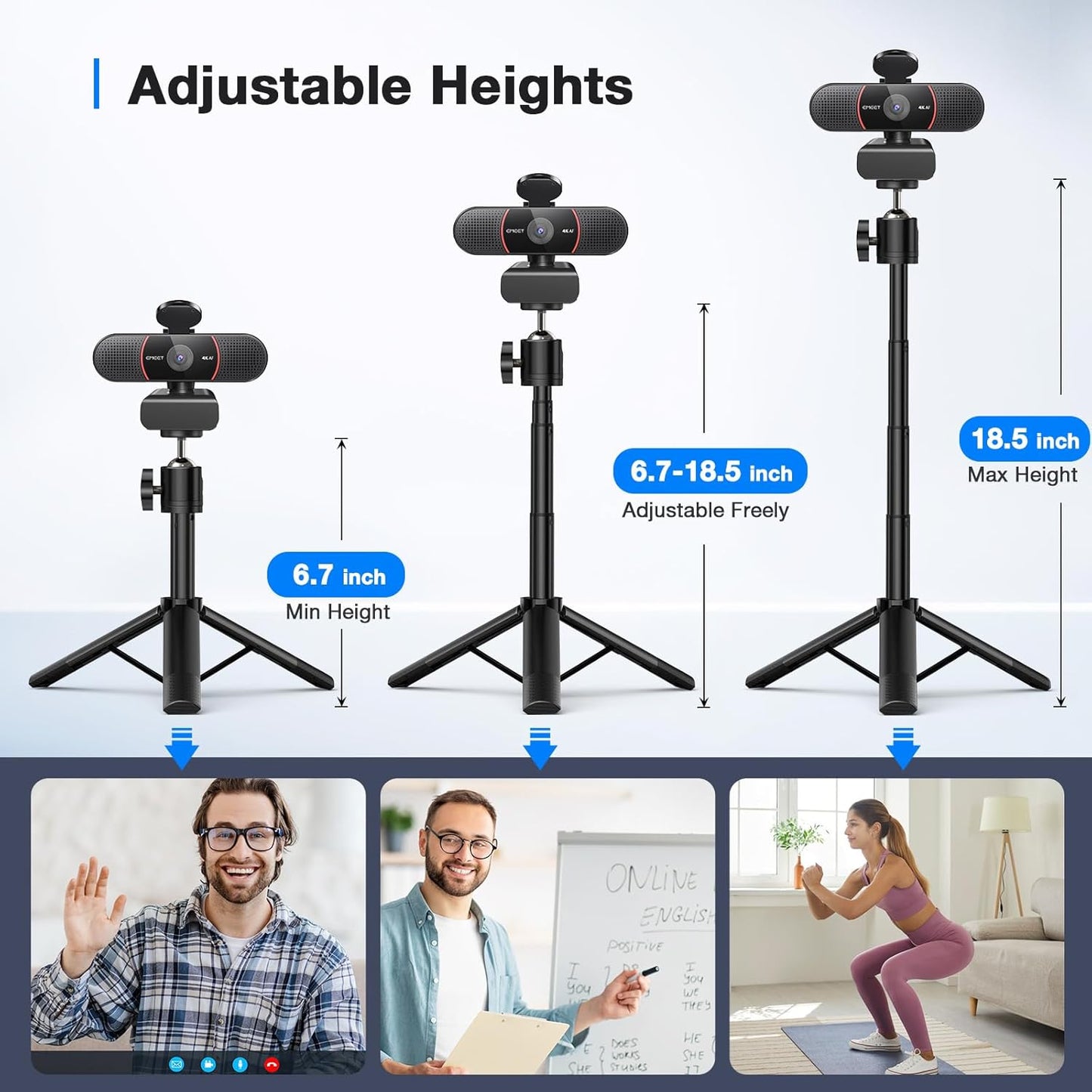 EMEET C960 4K Webcam with Tripod, 4K UHD Sony Sensor, 3 Adjustable Height Mini Tripod w/Privacy Cover, PDAF Auto Focus, Dual Noise-Cancelling Mics, Auto Light Correction, Perfect for Online Meetings