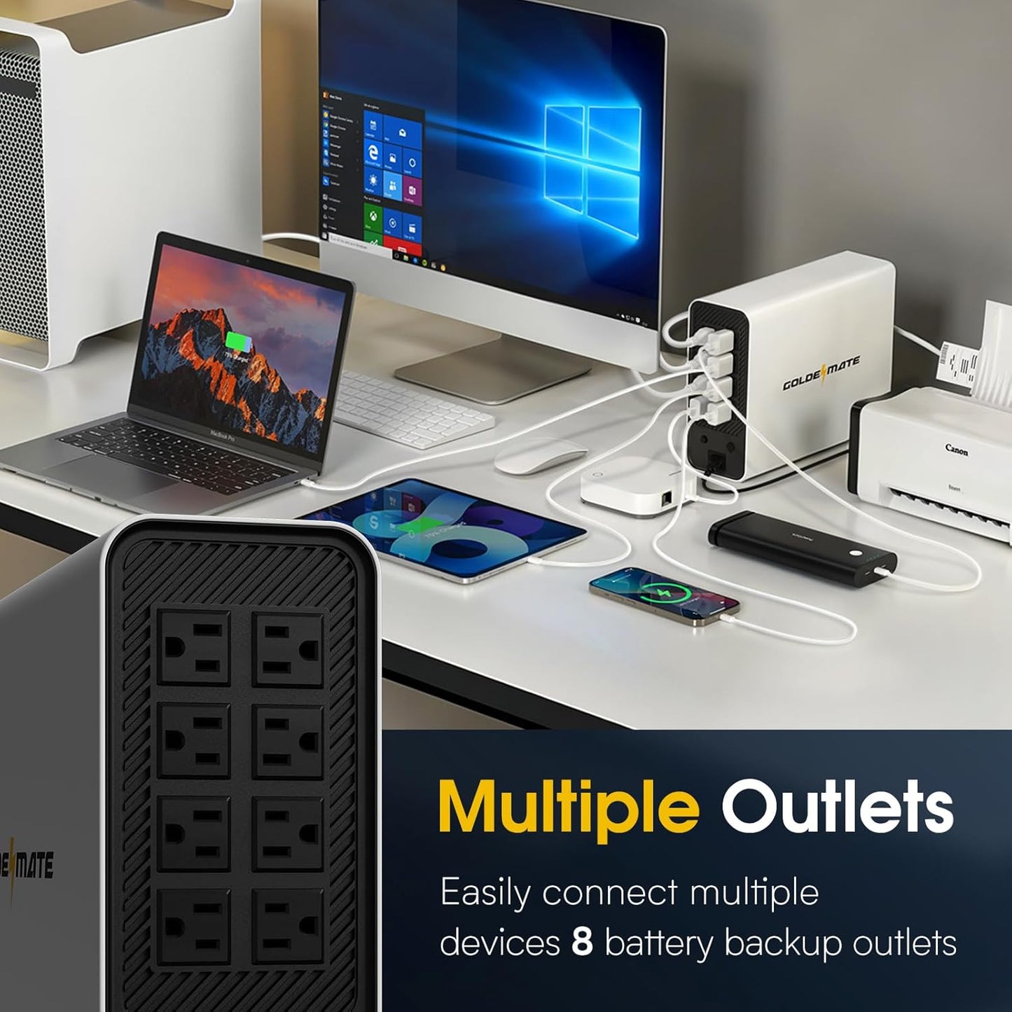 GOLDENMATE 1000VA/800W Lithium UPS Battery Backup and Surge Protector, Sinewave UPS System with LiFePO4 Battery(230.4 Wh), 2025 Upgraded Pro Ver. with Communication Port, 8 Outlets, LCD Display, White