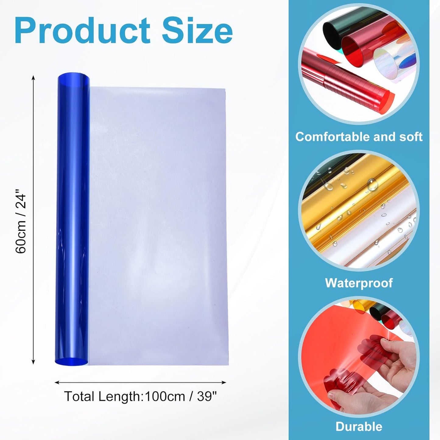 MECCANIXITY Iridescent Window Film,24" x 39" Iridescent Holographic PVC Fabric Dichroic Film Clear Vinyl Paper Roll for DIY Craft Gift Wrapping Bag Decoration,Blue