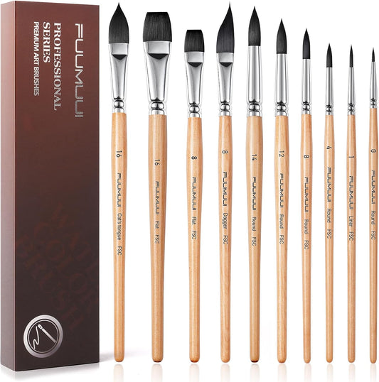 Watercolor Brush Set, Fuumuui 10pcs Professional Synthetic Squirrel Paint Brushes for Artists - Flat, Round Pointed, Dagger, Cats Tongue Oval Wash