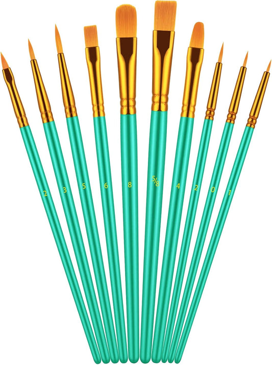 Paint Brush Set, 10 Pcs Paint Brushes for Acrylic Painting, Round Pointed Tip Detail Small Paint Brush for Oil Watercolor Canvas Face Body Boards Rock, Kids Adult Drawing Arts Crafts Supplies, Green