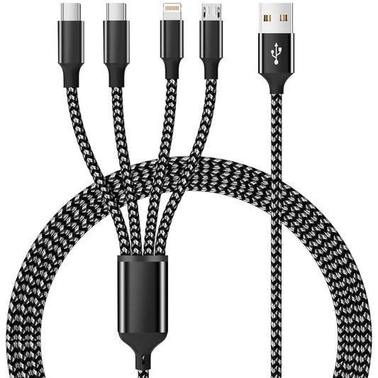 Multi Charging Cable,Dual Type-C Multiple Charger Cable Nylon Braided 4 in 1 Multi USB Cable Charging Cord with IP/Type C/Micro USB Ports for Cell Phones/iPhone/Tablets/Galaxy & More-1Pack 5Ft