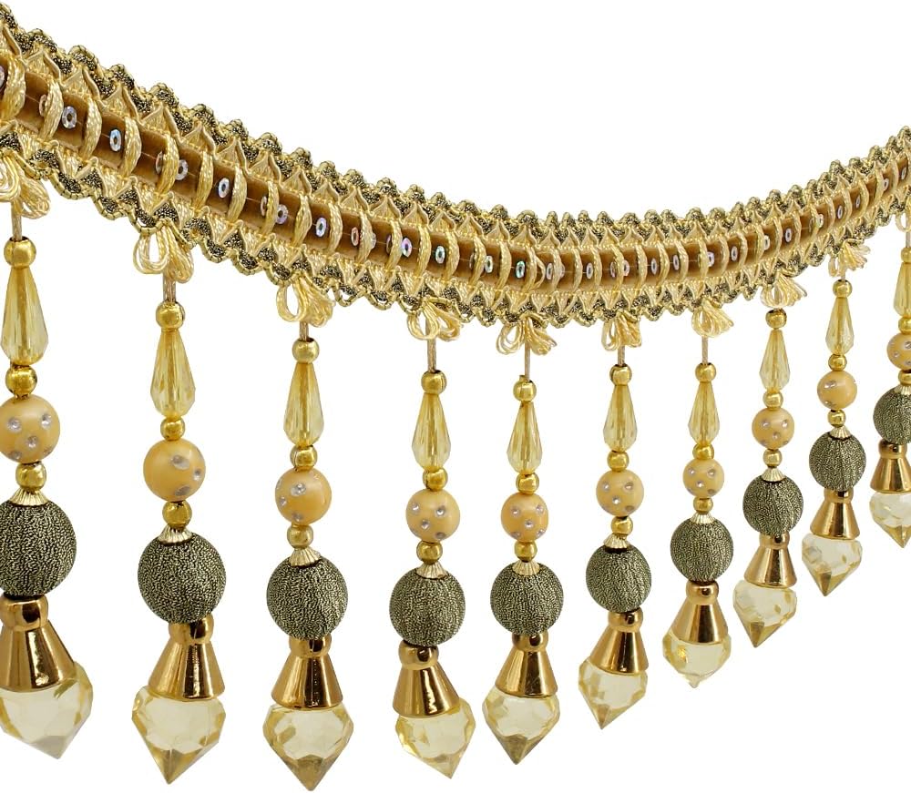 3yards Beading Fringe Trimming Long Beads Tassel Curtain Trim Ribbon Trim for Cover Edge Decorative (Gold)