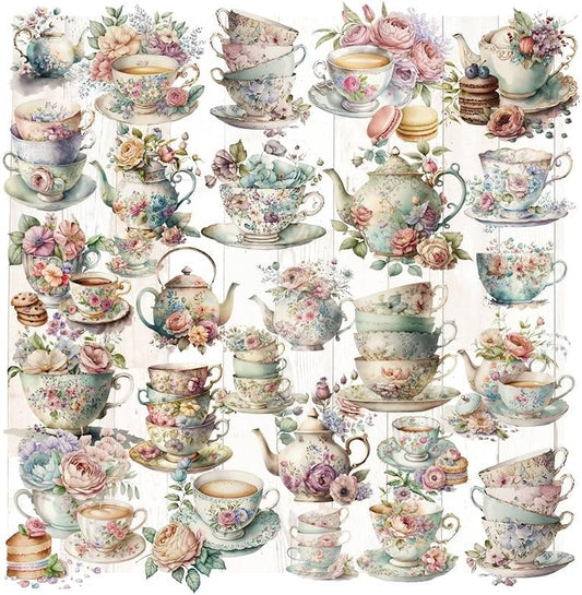 Vintage Vellum Stickers Floral Plants Elements Scrapbooking Supplies Flowers Botanic Natural Translucent Paper Self-Adhesive Junk-Journal Items (Tea Cup)