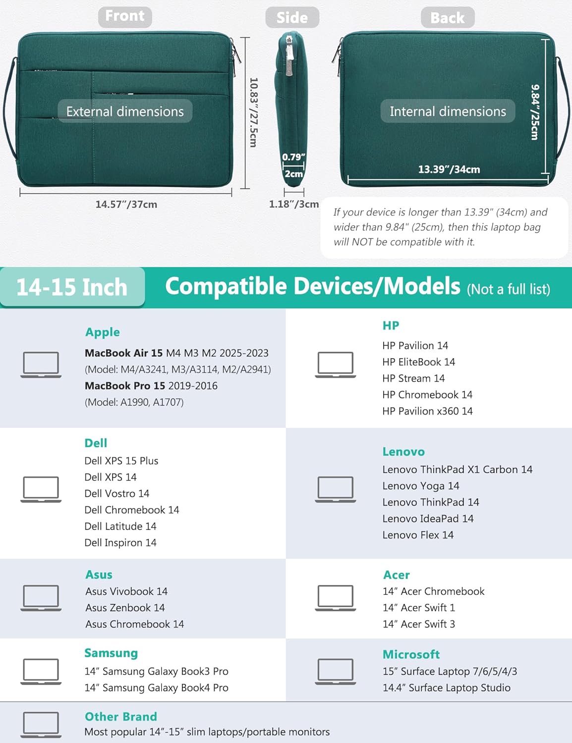 HYZUO 14-15 Inch Laptop Sleeve Bag for MacBook Air 15 M4 M3 M2, MacBook Pro 15, 15" Surface Laptop, XPS 14/15 Plus, Portable NoteBook Case for 14" HP Dell Lenovo ThinkPad Asus Acer, Dark Green