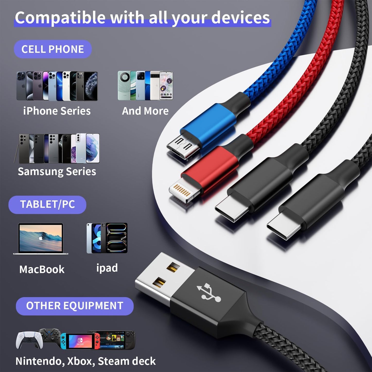 Travel Essentials, Dual Type-C 4 in 1 Multi Charging Cable for Multiple Devices, USB Cables Universal Phone Charger Cord with IP/Micro/2 USB-C Port for iPhone17/16/15/14, Android Tablet Pad, 2Pack 5FT