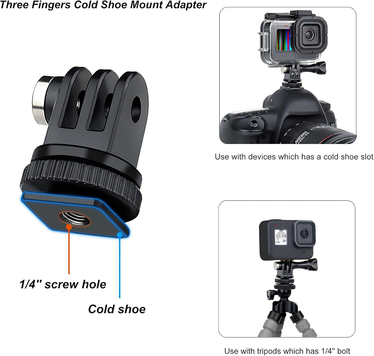 SOONSUN Tripod Mount Kit with 1/4"-20 Conversion Adapter and Cold Shoe Mount with 1/4" Thread, Compatible with GoPro Hero 13 12 11 10 9 8 7 6 5, DJI Osmo, AKASO, SJCAM, Insta360, DSLR Cameras