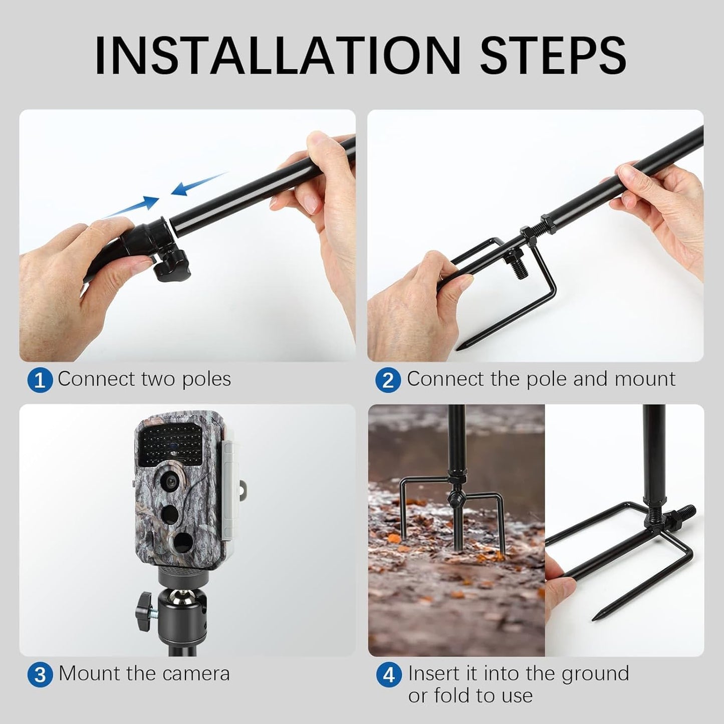 Trail Camera Mount,Height Adjustable (15.7"-28.3") & 360° Rotating Stake,Dual-Mode Base for Soft/Hard Ground Post,Game Cam Stand with 1/4"-20 Thread, Metal pole for Solar Panels,Hunting,Wildlife