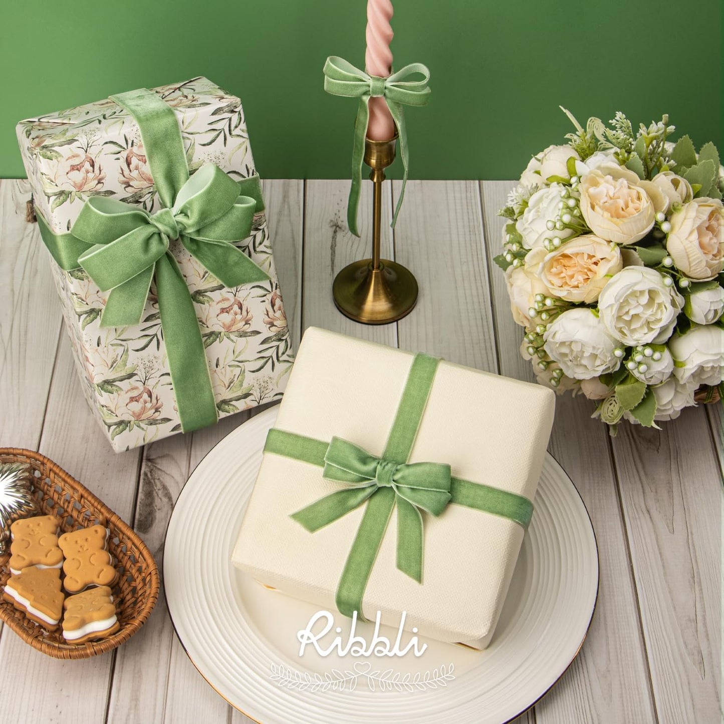 Ribbli Sage Green Velvet Ribbon 3/8 Inches Continuous10 Yard Spool Green Christmas Ribbon for Gift Wrapping Crafts Home Decor