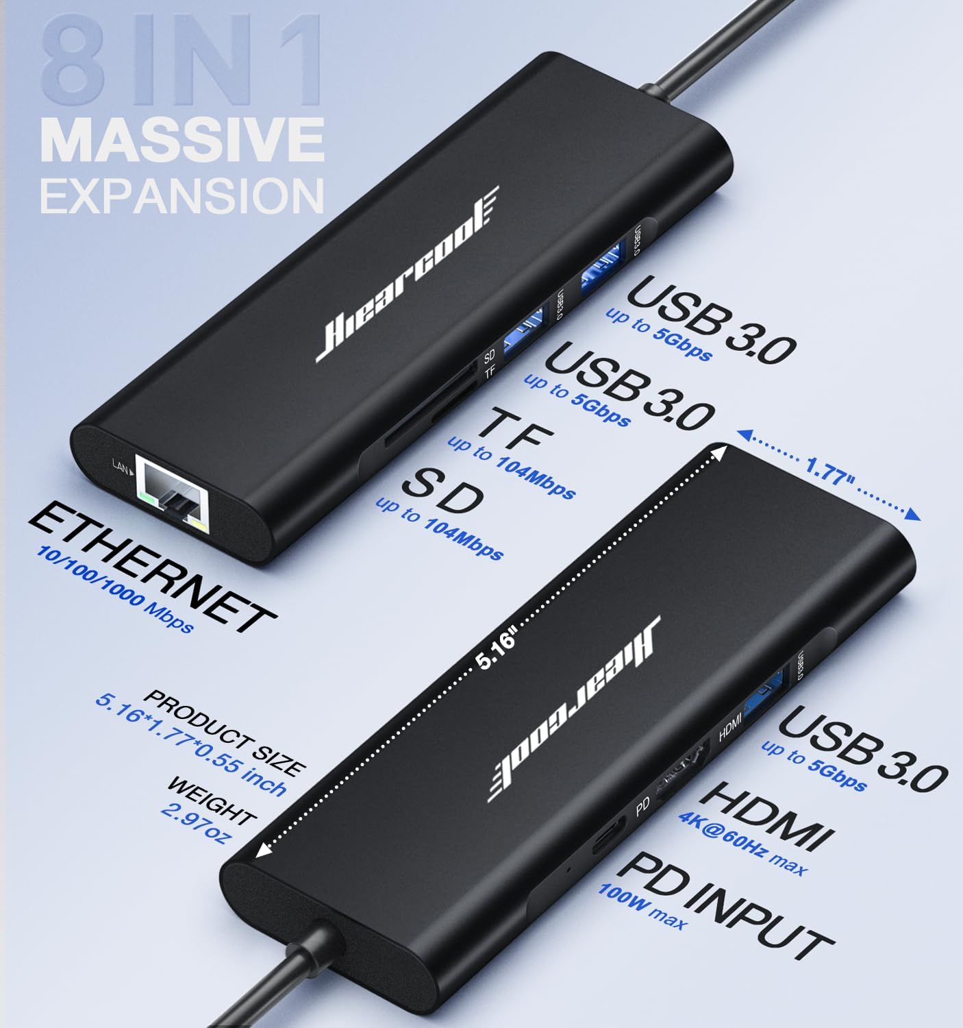 Hiearcool USB C Hub, USBC to 4K@60 Hz HDMI Adapter with 100W PD, 8-in-1 USB-C Dongle Multiport Dock Compatible for MacBook Dell Lenovo HP Laptops-Midnight Black