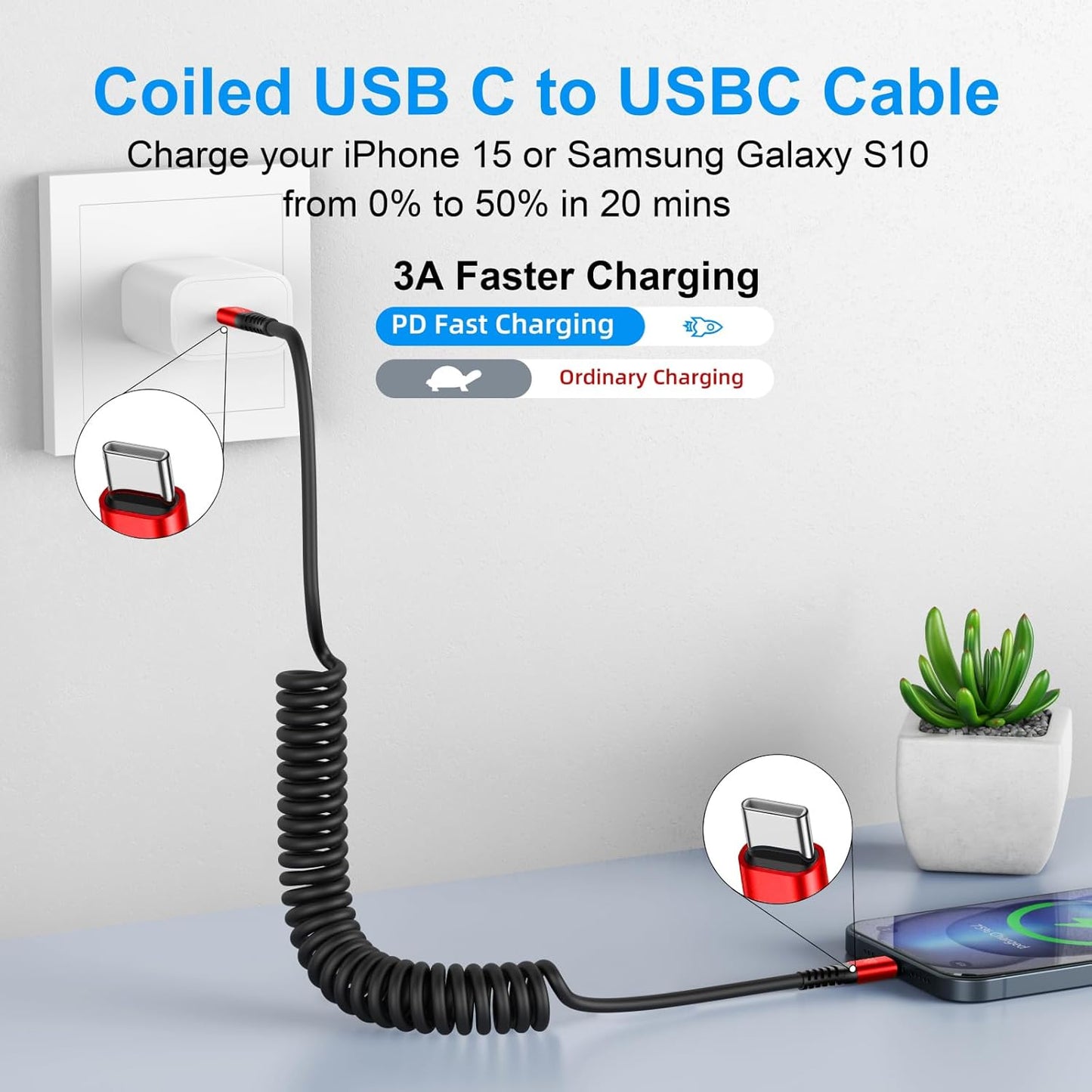 KIYODA Coiled USB C Cable for Car 3FT & 6FT, USB C to USB C Fast Charging Cable USB Type C Cord Compatible with iPhone 17/16/15/Plus/Pro/Pro Max/MacBook Pro 2020/iPad Pro 2020/Samsung Galaxy S23-Red
