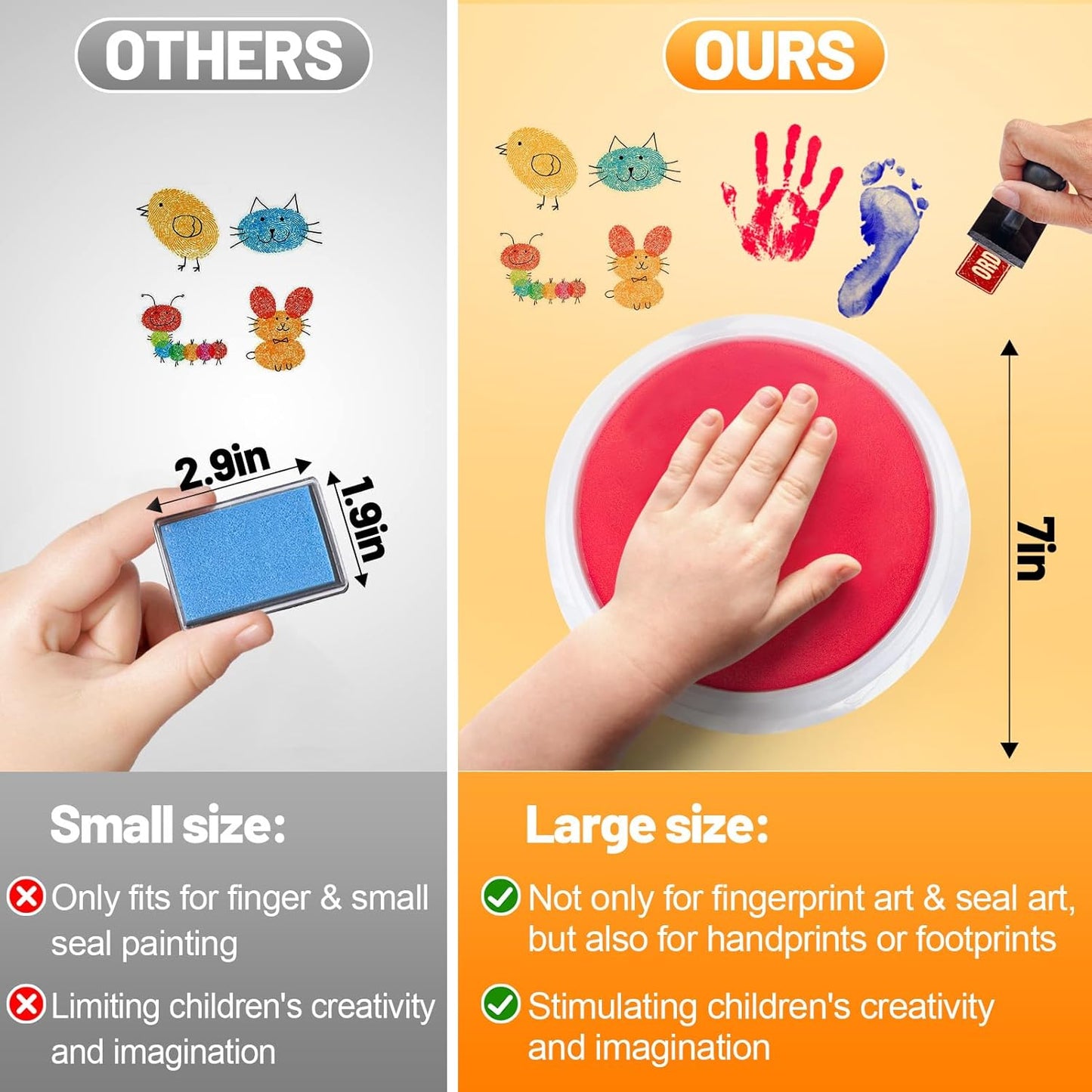 7" Large Ink Pads for Kids - Handprint Footprint Size Rainbow Stamps Pad, Safe & Washable Ink Pad for Fingerprint Painting Card Making Stamp Crafting Paper Wood Fabric Scrapbook Kids Birthday Gifts