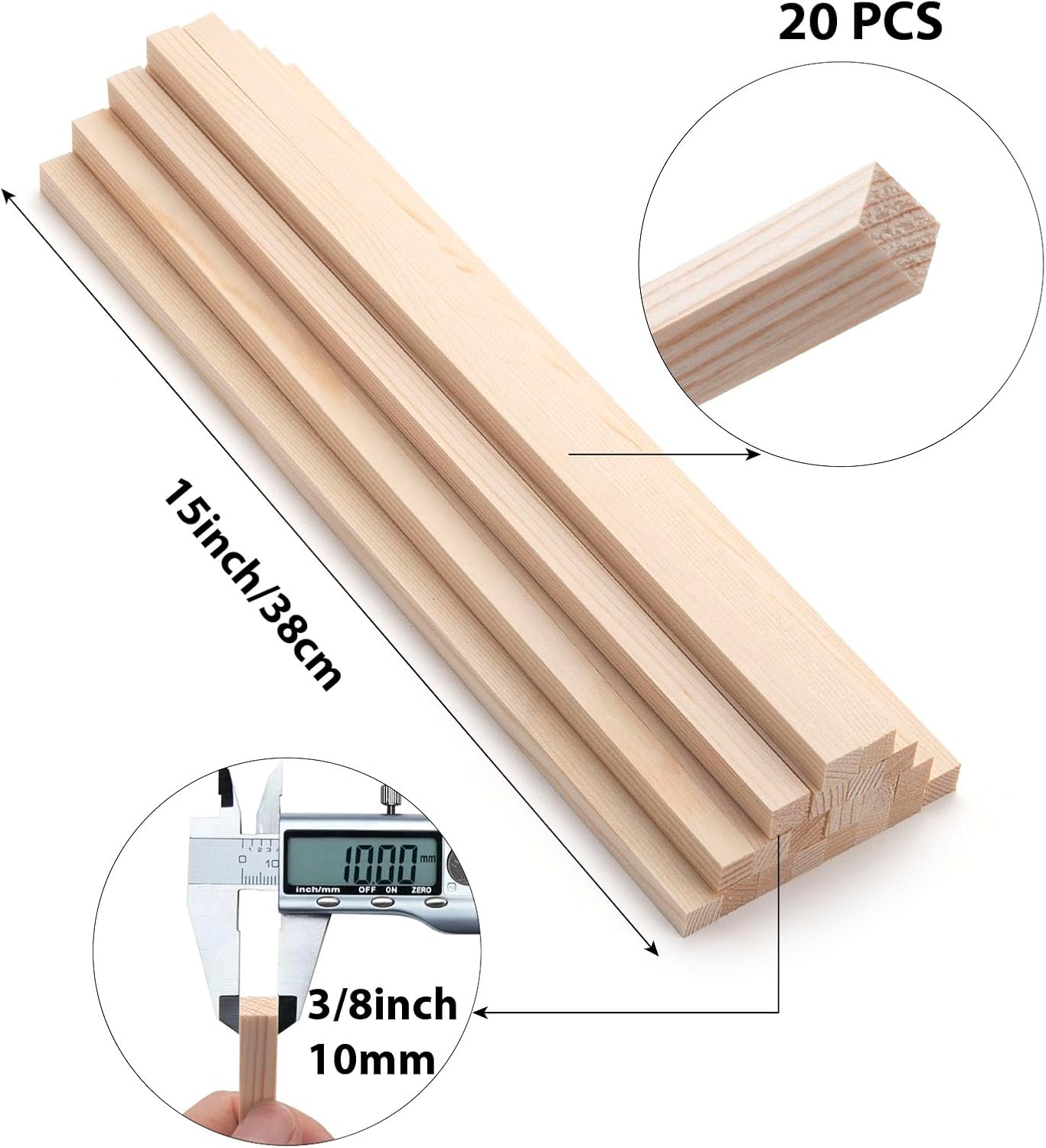 Square Wooden Dowel Rods Wooden Sticks for Craft 3/8" x 15", 20 PCS Square Wood Sticks Wood Dowels for Crafts, Unfinished Hardwood Strips Slats for Crafting, Arts and DIYers, Home Decor, Woodworking