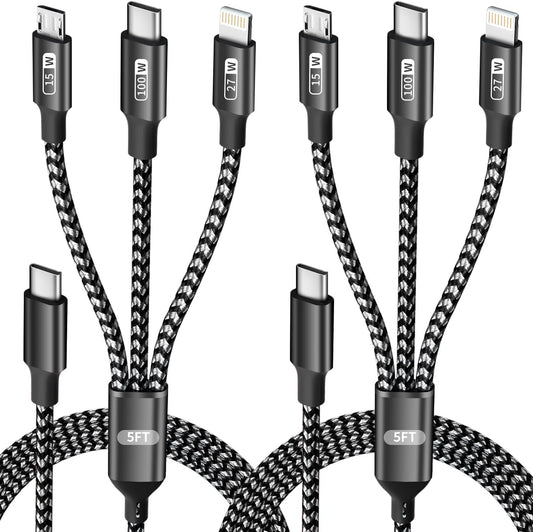 100W USB C Multi Charging Cable with E-Mark Chip, 3 in 1 USB C Fast Charging Cable, Universal Multiple Charger Cord with Type-C, Micro USB, IP Port for iPhone16/15/14/Cell Phones and More (2Pack 5FT)