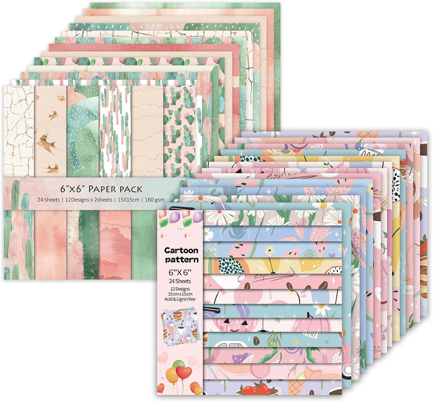 48 Sheets 24 Designs Scrapbook Paper Pad, 6"×6" Single-Sided Decopodge Craft Cardstock Paper,Scrapbooking DIY Decorative Background Cardmaking Supplies.Cactus&Cartoon
