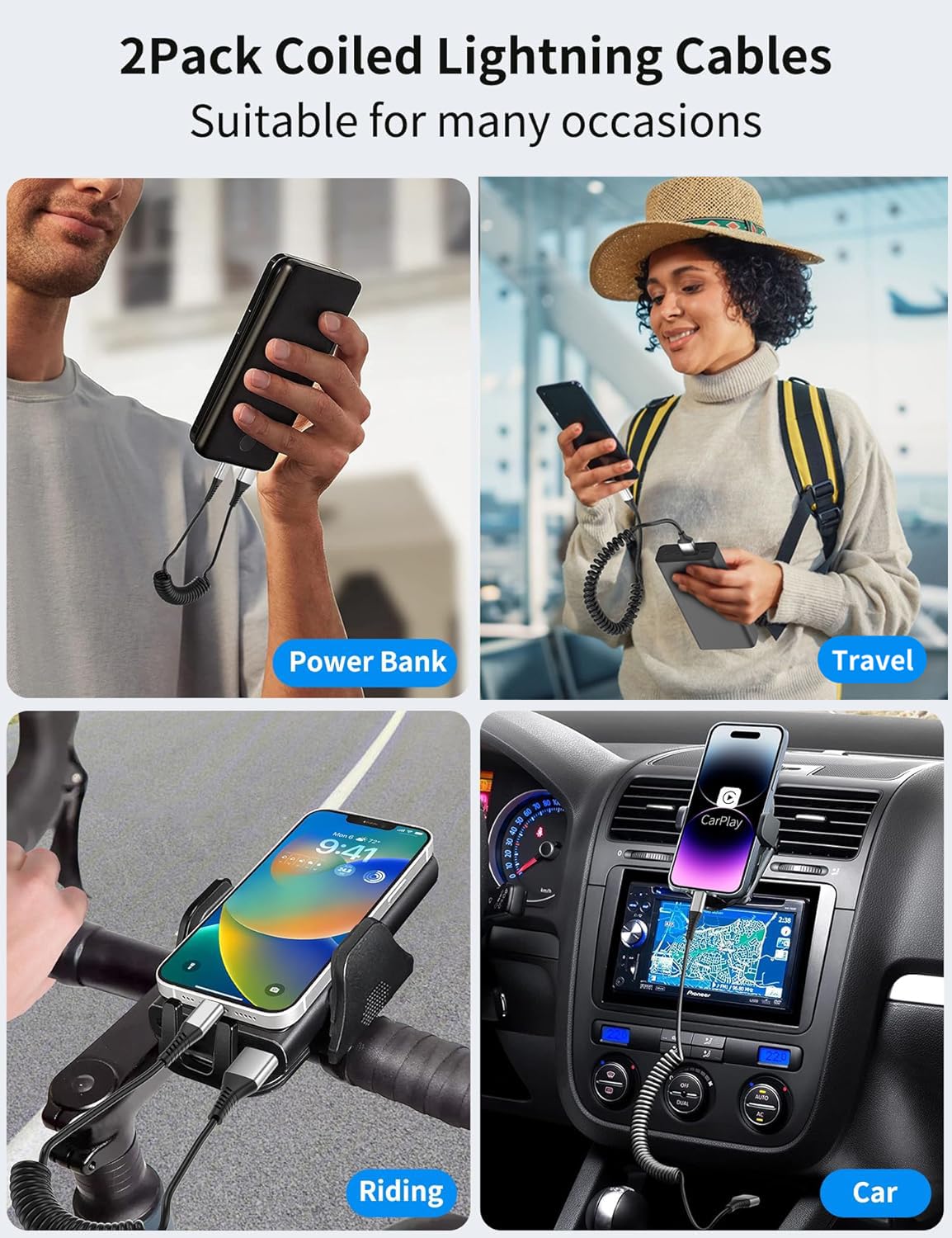 Coiled USB C to Lightning Cable 2 Pack, [MFi Certified] Retractable USB C iPhone Charger PD Fast Charging for Car, Short Type C to Apple CarPlay Cord for iPhone 14 13 12 11 Pro Max XR XS 8 SE iPad