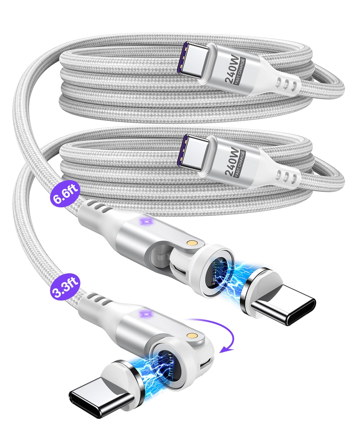 A.S Gen3 USBC Magnetic Charging Cable 240W (2Pack, 3.3ft/6ft), 9Pin Type C to Type C Magnet Charger Cable/360&180 Rotation Magnetic Phone Charger Data Cable for Phone 15/M-Book/Pad Series (White)