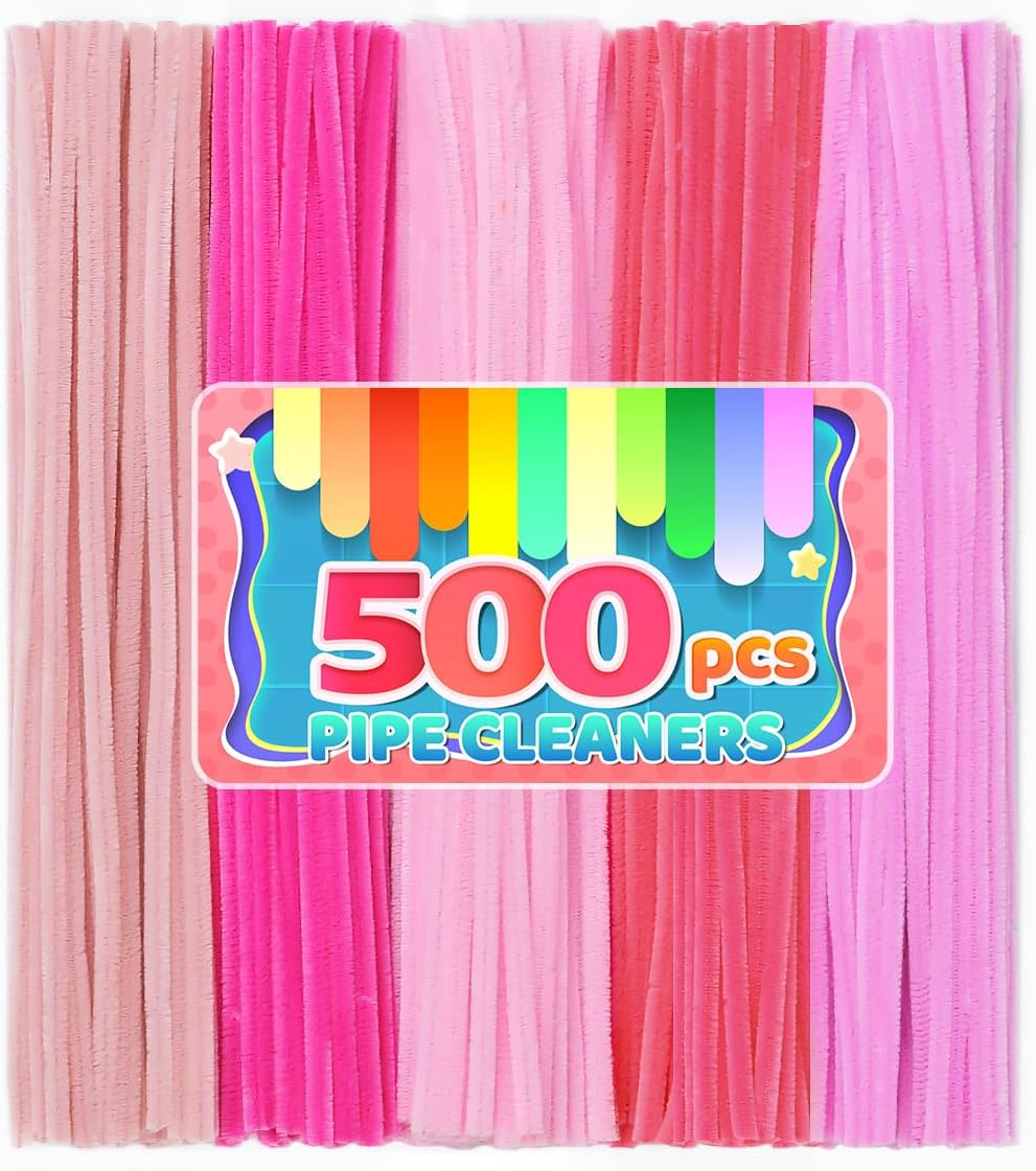 IOOLEEM Pink Pipe Cleaners,500pcs in 5 Colors, Chenille Stems for Art and Craft Projects, Flower DIY Decorations