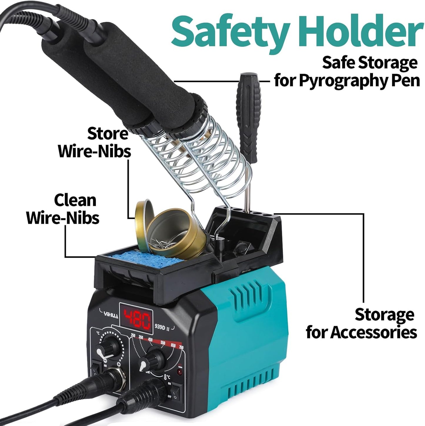 YIHUA 939D-II Pyrography Pen Wood Burning Kit Station 2-in-1 Solid-Point 200~480°C (with Temp Display)/Wire-Nib 250~750°C with 20 Nibs, Solid Points, 1 Stable Pen Holder, 2 Scrap Wood (Green)